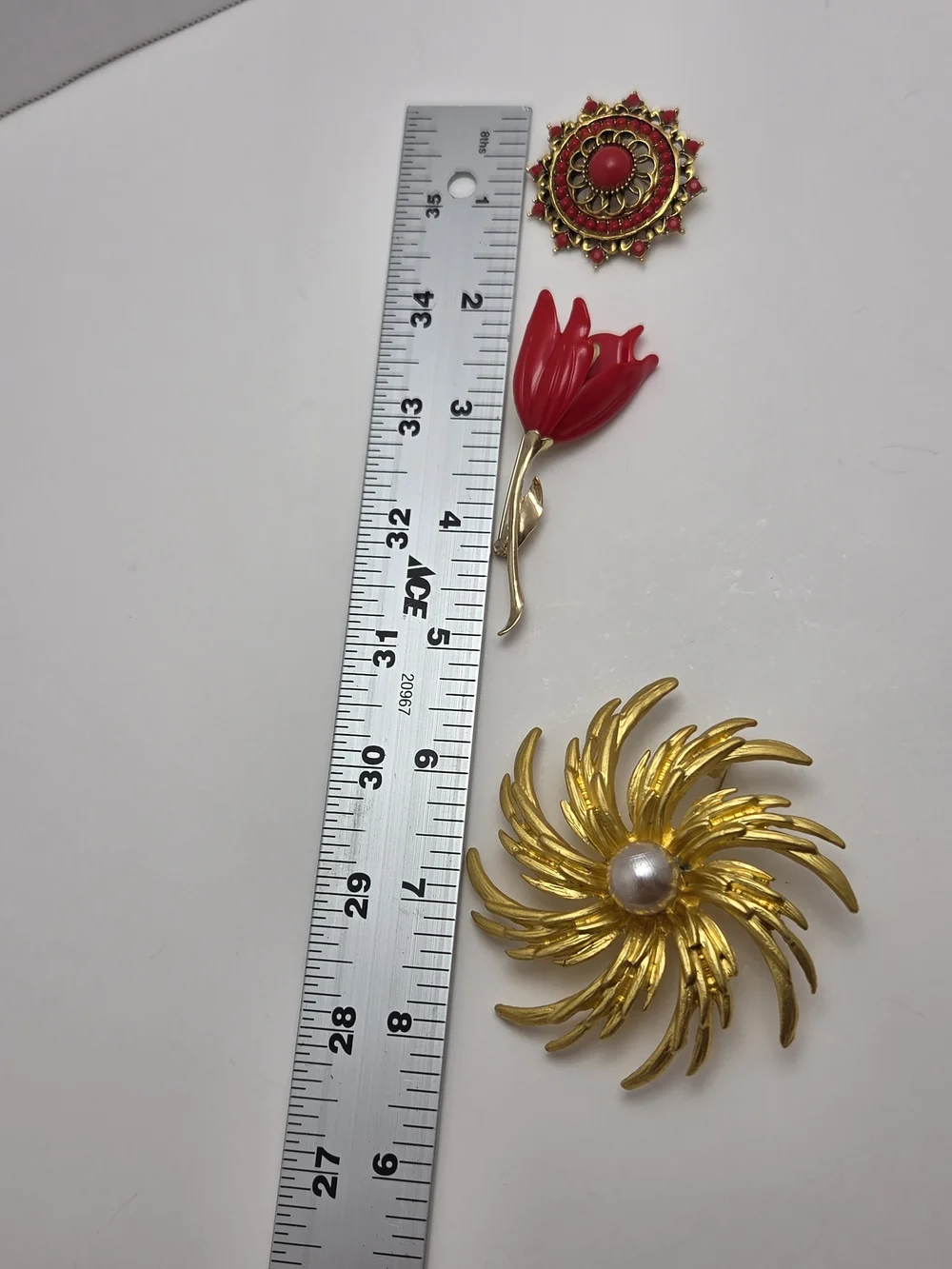 Gold and Red Floral Brooch Trio - Classic Gold & Red Accents